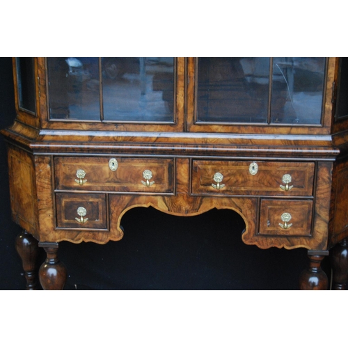 359 - Dutch walnut display cabinet on stand, the arched moulded cornice over glazed doors and canted panel... 