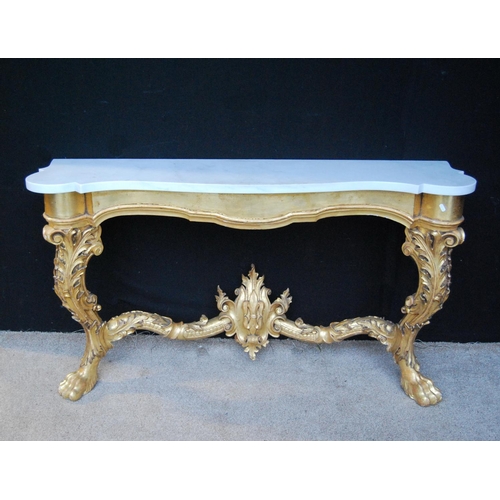 363 - Marble topped giltwood console table, the serpentine top over beaded frieze, acanthus cabriole legs ... 