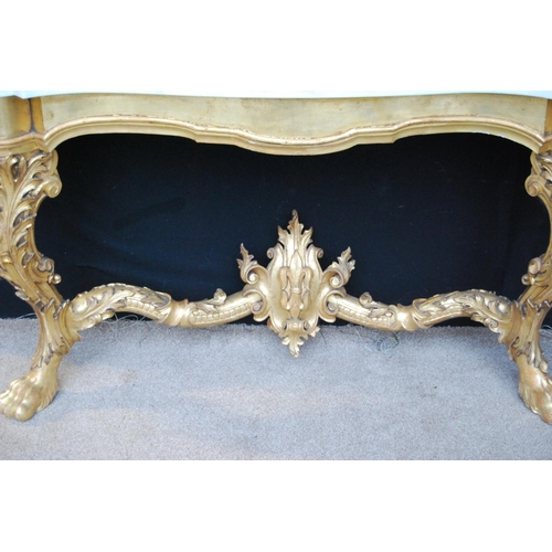 363 - Marble topped giltwood console table, the serpentine top over beaded frieze, acanthus cabriole legs ... 