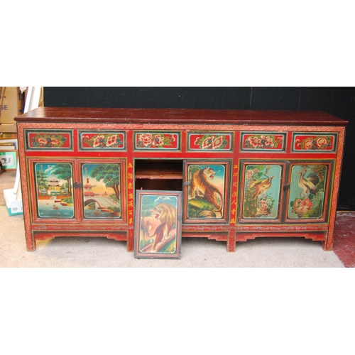 366 - Chinese overpainted sideboard, the rectangular top over six frieze drawers and cupboards, raised on ... 