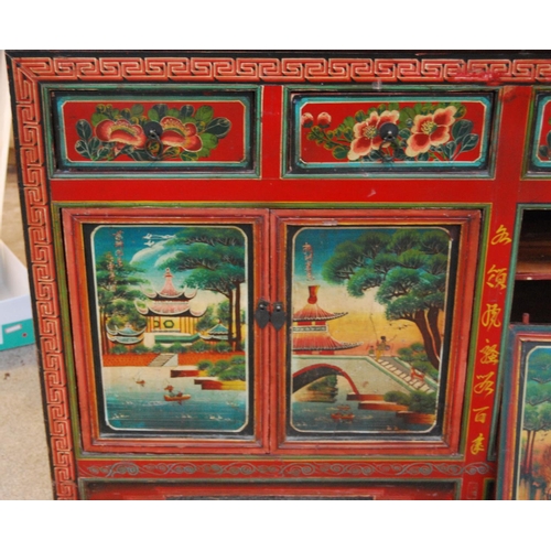 366 - Chinese overpainted sideboard, the rectangular top over six frieze drawers and cupboards, raised on ... 