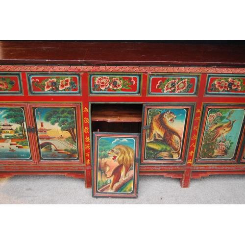 366 - Chinese overpainted sideboard, the rectangular top over six frieze drawers and cupboards, raised on ... 