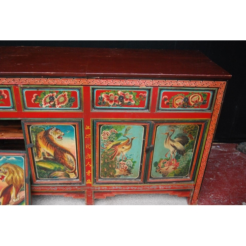 366 - Chinese overpainted sideboard, the rectangular top over six frieze drawers and cupboards, raised on ... 