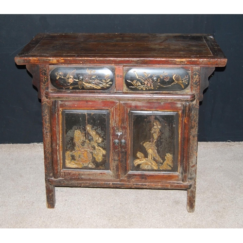 367 - Chinese altar table, the rectangular top over carved frieze drawers and doors, raised on block feet,... 