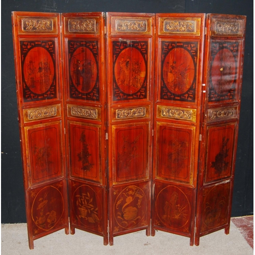 369 - Chinese five-fold screen, each panel with foliate and traditional scenes, 193cm high.