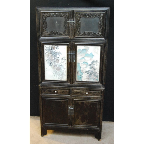 371 - Chinese cabinet of rectangular form with pierced fretwork, mirrored doors, panelled doors and drawer... 