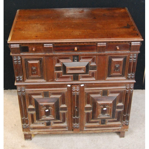 372 - Cavalier's chest, the moulded rectangular top over dentil frieze, frieze drawer, panelled drawers an... 