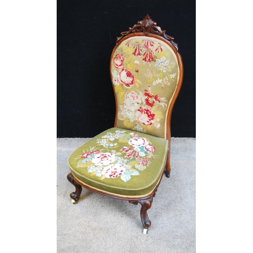 373 - Victorian lady's chair, the pierced finial over floral needlepoint back and seat, raised on cabriole... 