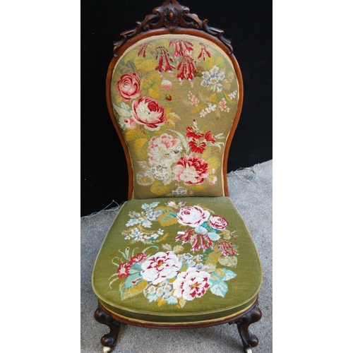 373 - Victorian lady's chair, the pierced finial over floral needlepoint back and seat, raised on cabriole... 