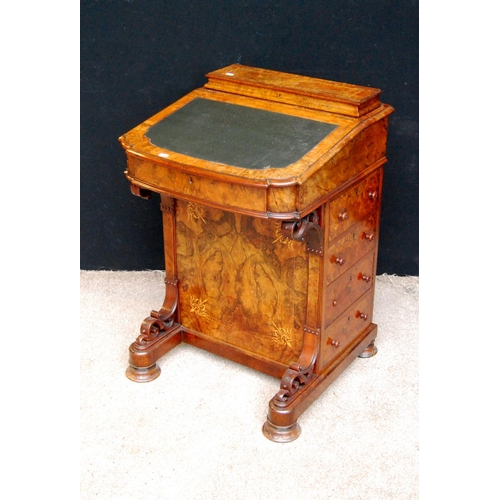 374 - Victorian walnut Davenport, the moulded top enclosing fitted interior over hinged slope with skiver,... 