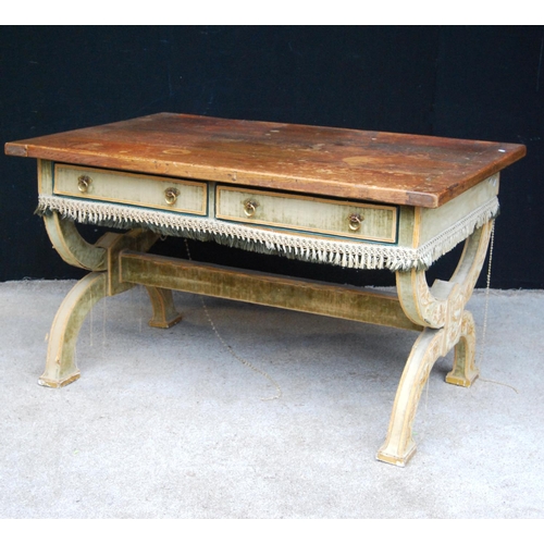 375 - 19th century oak topped hall table, the rectangular top over frieze drawers, X-frame legs united by ... 