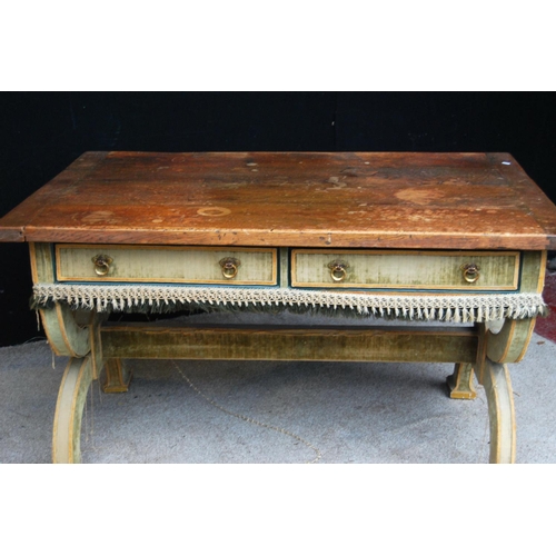 375 - 19th century oak topped hall table, the rectangular top over frieze drawers, X-frame legs united by ... 