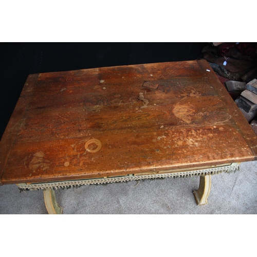 375 - 19th century oak topped hall table, the rectangular top over frieze drawers, X-frame legs united by ... 