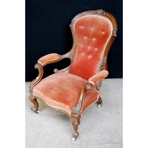 389 - Victorian button-back armchair with floral carved wood frame, cushion back and seat, raised on cabri... 