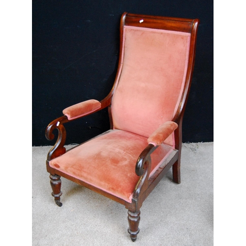 390 - 19th century mahogany-framed armchair with cushioned back and seat, raised on baluster turned legs t... 