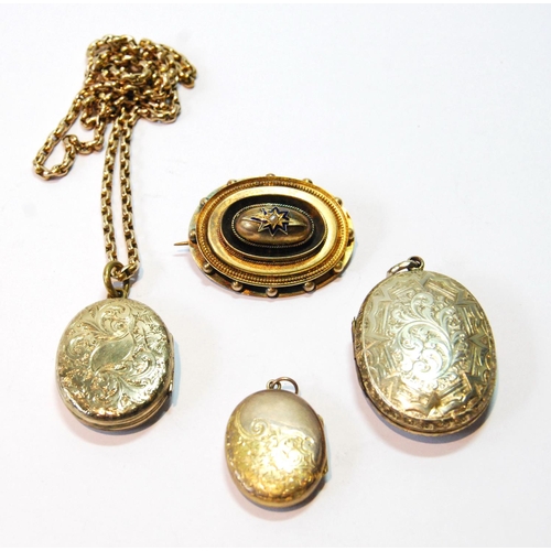 69 - Victorian gold oval boss brooch and three lockets, one with necklet, some part gold.