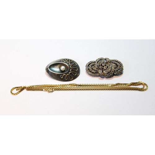 70 - Silver brooch of ovoid abstract form with pearl and gold squiggle, a continental paste clip and a gi... 