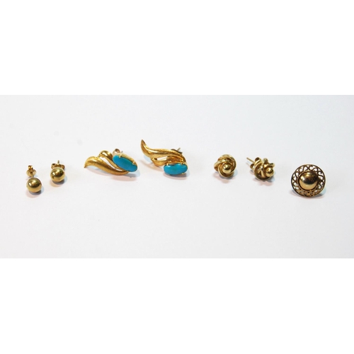 71 - Pair of turquoise earrings of double comma shape and two other pairs, and another, odd, all gold, 7.... 