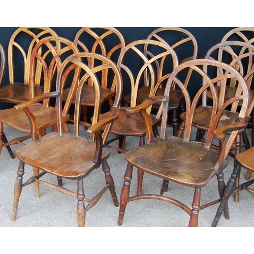 362 - Harlequin set of thirteen country chairs with arched Gothic backs.