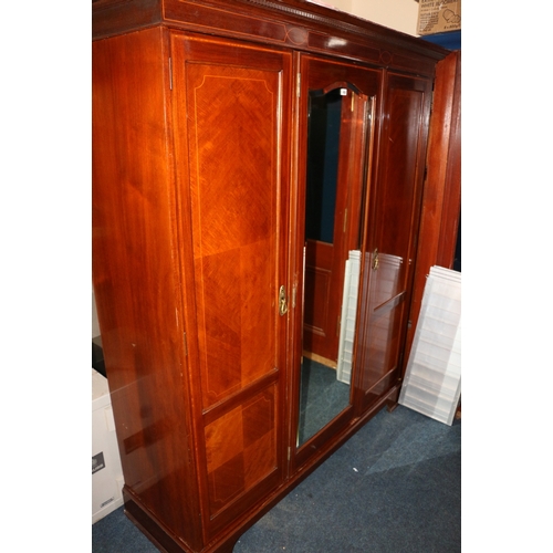 450 - Antique mahogany and inlaid triple door wardrobe with manufacturers plaque 'CWS Cabinet Maker Pelaw ... 