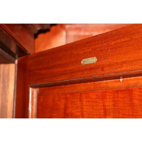450 - Antique mahogany and inlaid triple door wardrobe with manufacturers plaque 'CWS Cabinet Maker Pelaw ... 