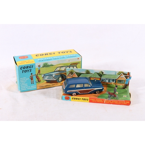 8 - Corgi Toys 440 diecast Ford Consul Cortina Super Estate Car in metallic blue with figures of golfer ... 