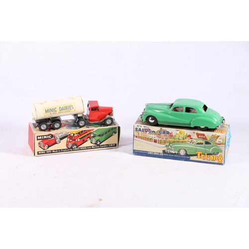 89 - Two Lines Bothers Ltd Triang Minic miniature clockwork scale models no.2 Saloon Car and 71M Mechanic... 