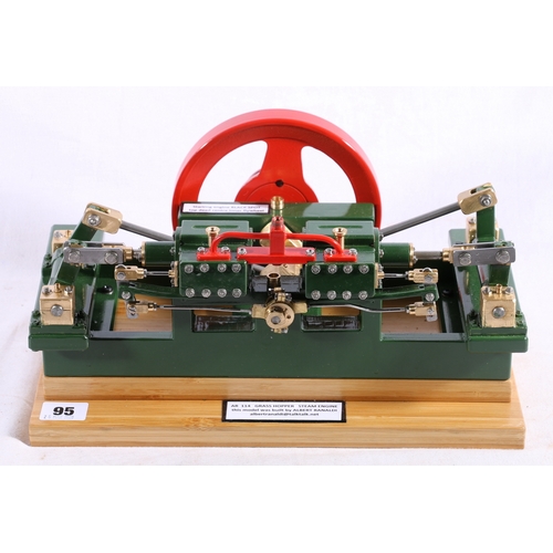 95 - Model grasshopper steam engine (AR114) built by Albert Ranaldi, 33 cm long raised on wooden plinth b... 