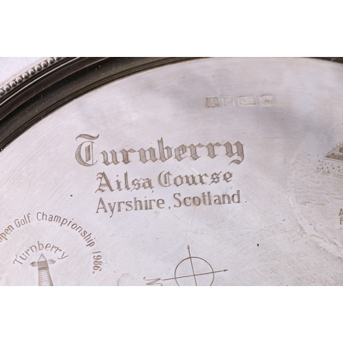 272 - Golfing interest, contemporary silver salver engraved with Turnberry Ailsa Course layout, scorecard ... 