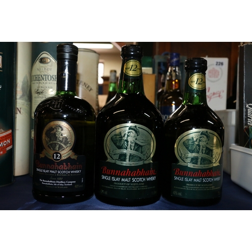 221 - Three bottles of BUNNAHABHAIN 12 year old Islay single malt Scotch whisky, one 43% 1 litre and two 4... 