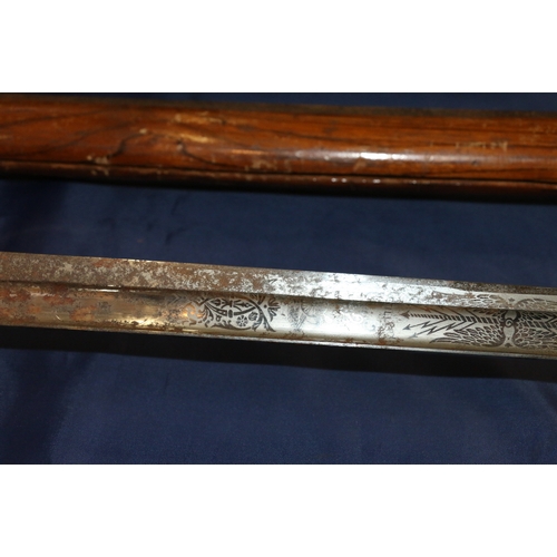 503 - British officers sword with three bar Gothic type guard, etched blade with Royal Artillery designs, ... 