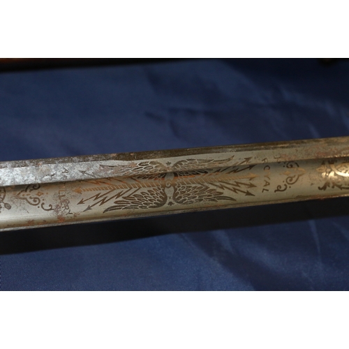 503 - British officers sword with three bar Gothic type guard, etched blade with Royal Artillery designs, ... 