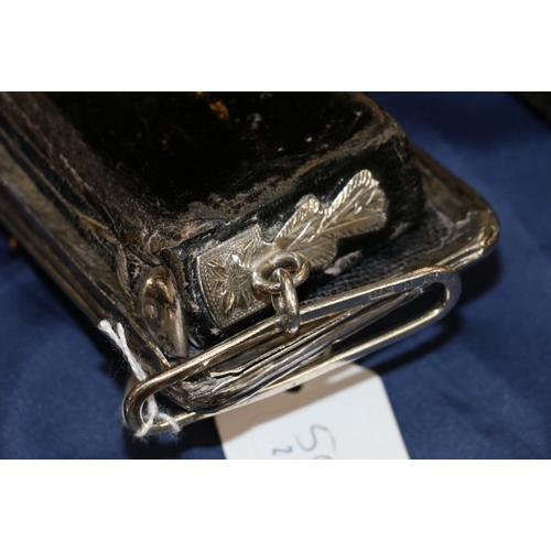 505 - Victorian officers leather belt pouch with Royal Scots Waterloo badge, the silver ring links hallmar... 