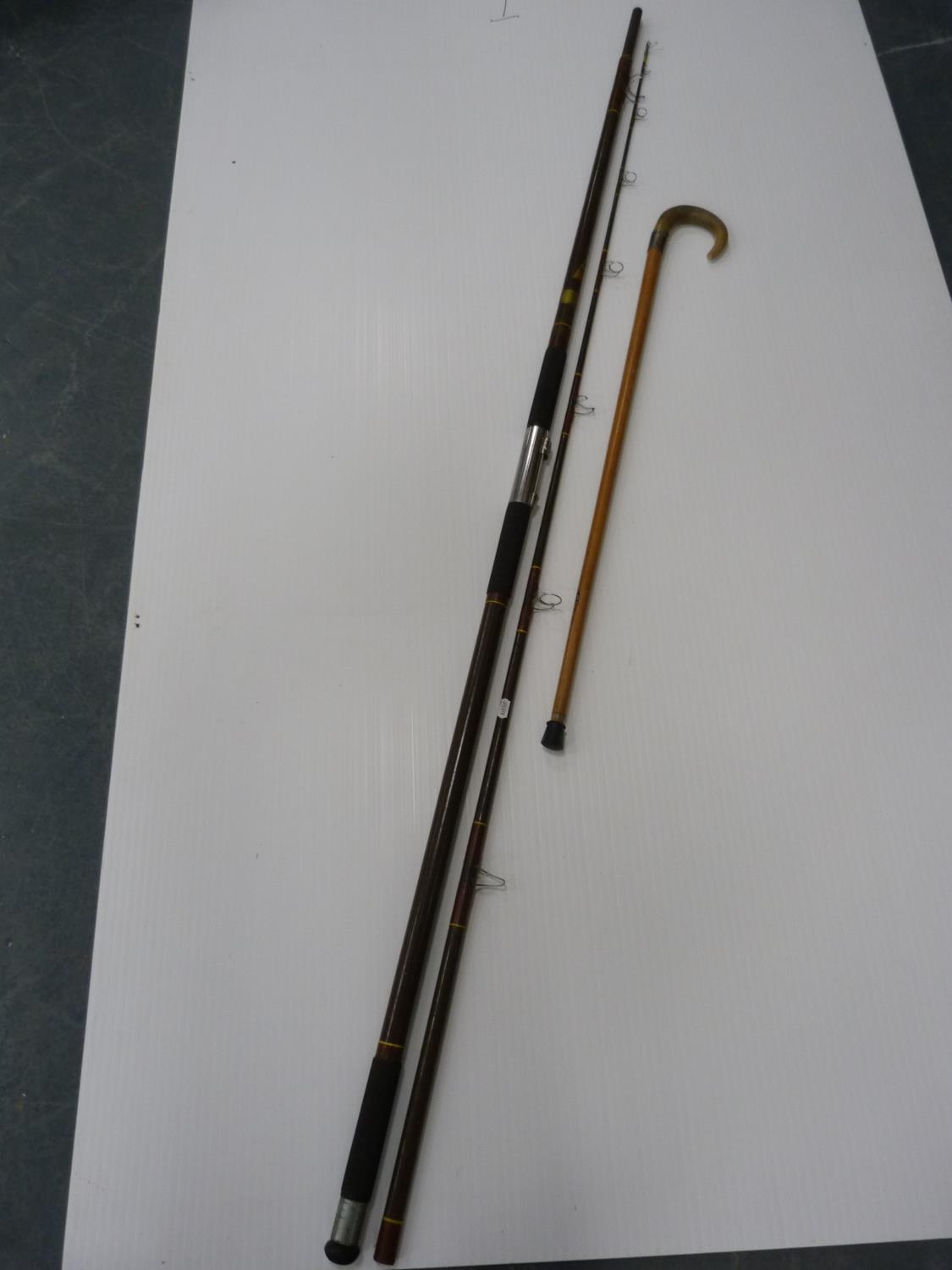 Terry Carroll Milbro Classic fishing rod and a walking stick.