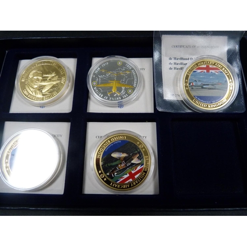 225 - Five aviation commemorative coins, British Military Aircraft, Battle of Britain and History of Aviat... 