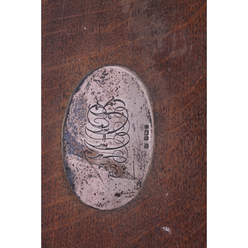 27 - Large oak pierced gallery tray with hallmarked silver cartouche.