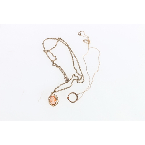 118 - 9ct yellow gold mounted carved cameo shell pendant on 9ct gold rope twist chain 8.8g, and a ring pen... 