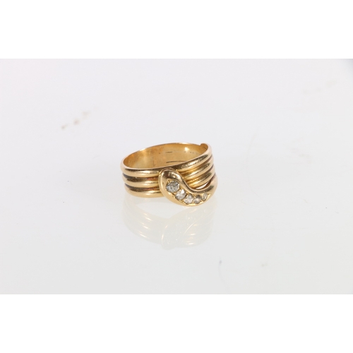 64 - 18ct gold snake ring set with five graduated diamonds, the largest approximately 0.1ct, hallmarks fo... 