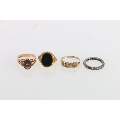 67 - Two 9ct gold dress rings 5.5g (3.7g & 1.9g), an 18ct gold bloodstone set signet ring (clipped) 5... 