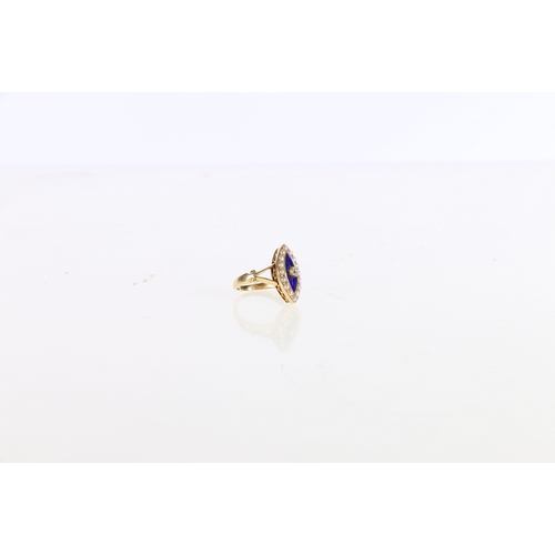 91 - Unhallmarked yellow metal diamond seed pearl and enamel navette shaped dress ring, ring size K, 6.2g