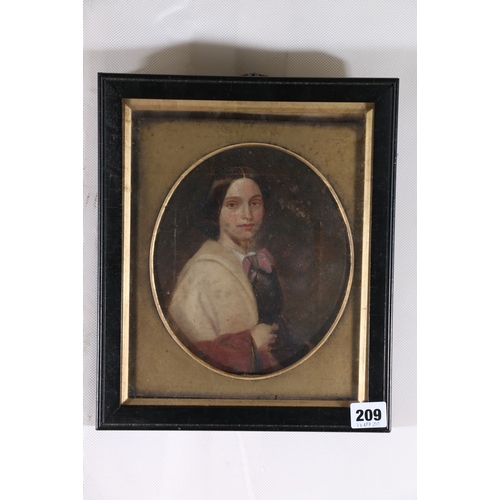 209 - 19TH CENTURY SCHOOL Portrait of a female in oval Unsigned oil on canvas, 20cm x 17cm ... 