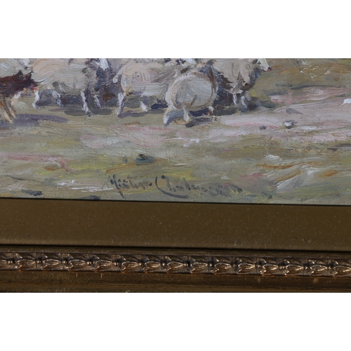 213 - HECTOR CHALMERS (1849-1943), Shepherd with flock, Signed oil, 29cm x 42cm, Alex Drysdale o... 