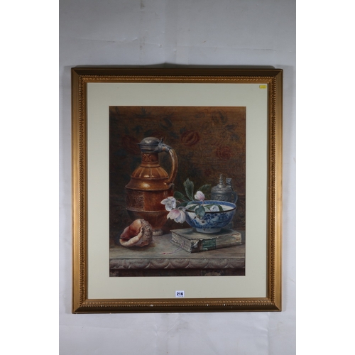 216 - JAMES B HUNTER, Still life Chinese bowl and flagons, Unsigned watercolour, 60cm x 48cm, Scottish Gal... 