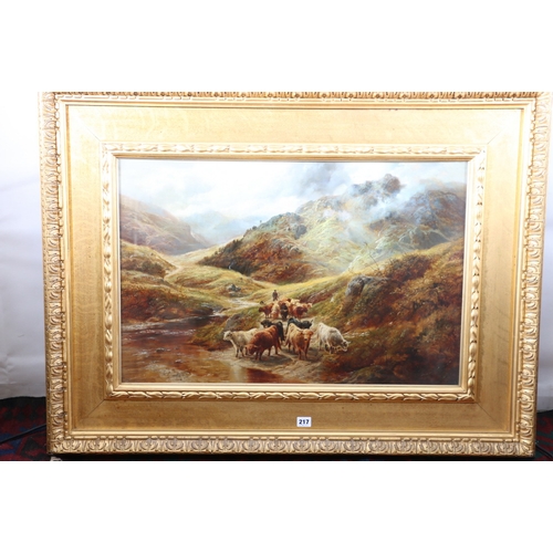 217 - ROBERT WATSON (1865-1920), Droving Highland cattle in through a Glen,Signed and dated 1895, oil, 49c... 