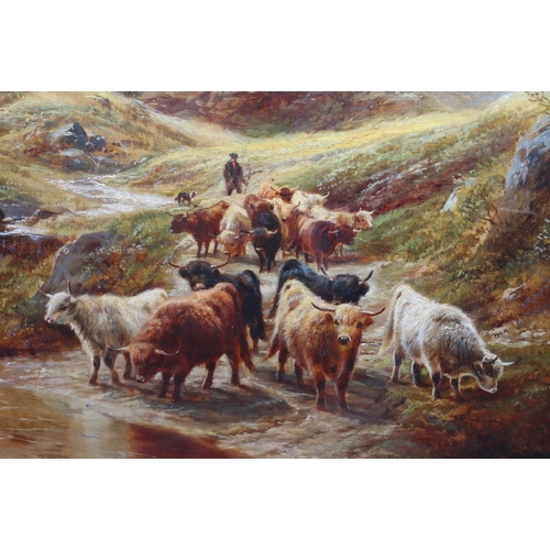 217 - ROBERT WATSON (1865-1920), Droving Highland cattle in through a Glen,Signed and dated 1895, oil, 49c... 