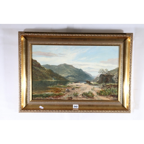 242 - WILLIAM GLOVER (SCOTTISH 1835-1916), Highland loch, Signed oil on board, 31cm x 50cm ... 