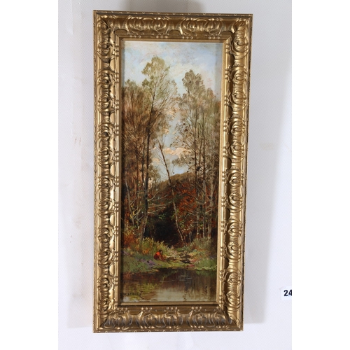 244 - BENJAMIN WILLIAMS LEADER (British 1831-1923), Woodland scene with figure, Signed oil, 39cm x 14cm... 