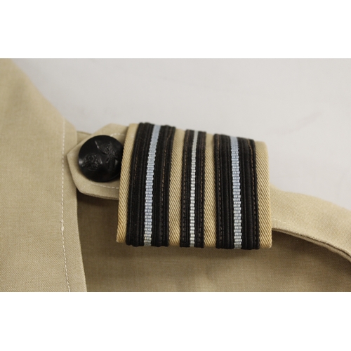 74 - British Royal Air Force dress uniform shirt having black RAF buttons, single shoulder rank slide for... 