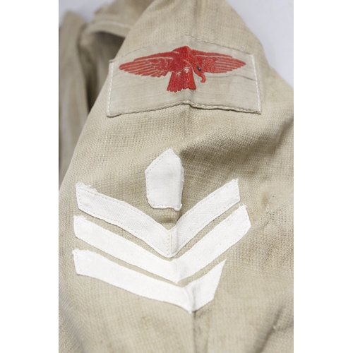 75 - British Royal Air Force dress uniform shirt having pair of cloth RAF eagle patches, triple chevron r... 