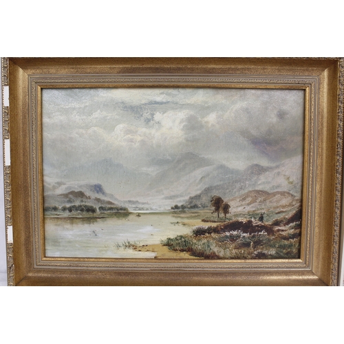 16 - 20th century British School.<br />Castle by a Loch.<br />Oil on canvas, 34cm x 44cm.<br />and anothe...